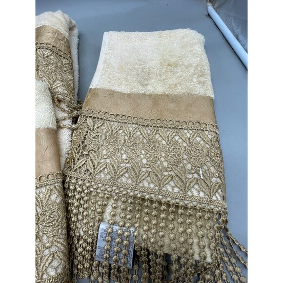 croscill home 3 piece bath towel set RN 21857 floral fringe cotton cream READ - Picture 2 of 10